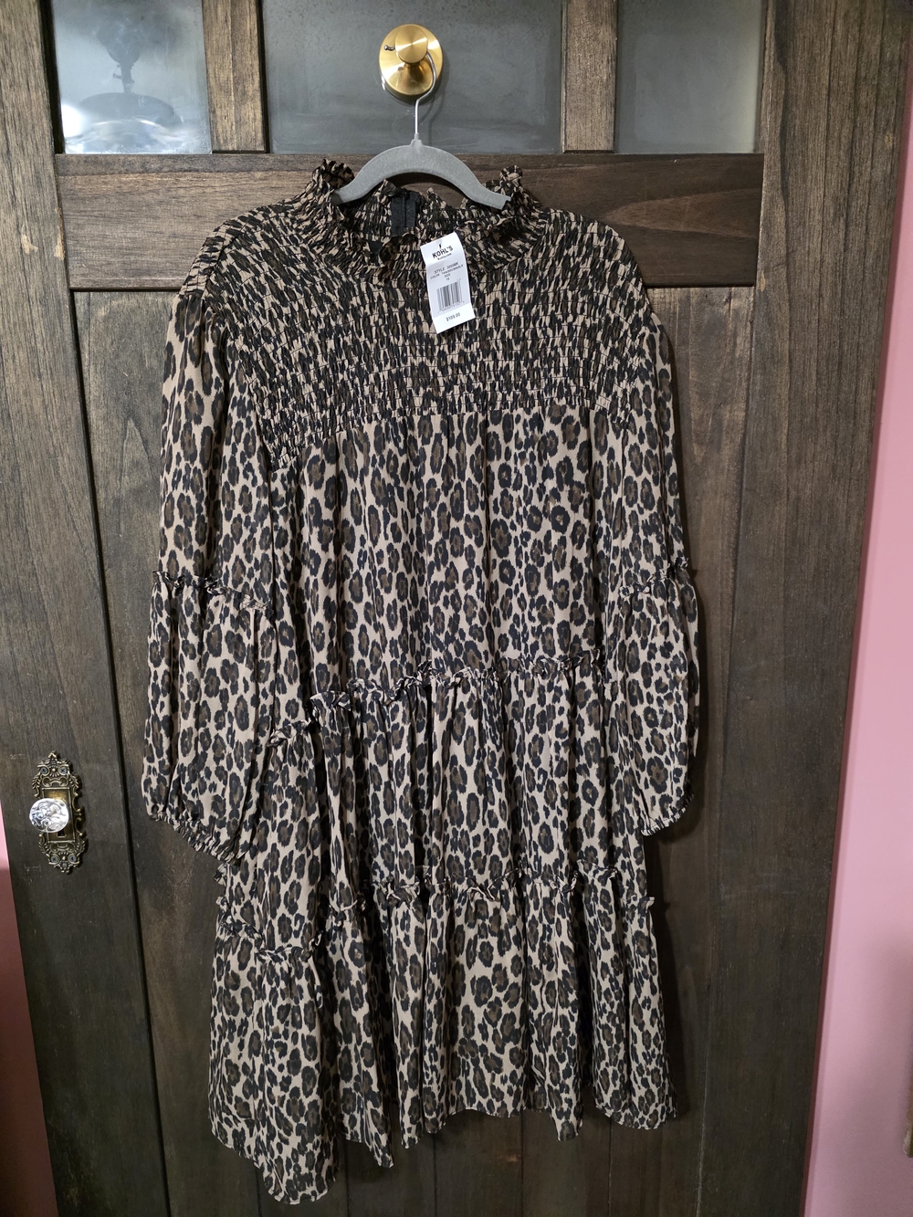 Taylor Brown and Black Leopard Smocked Tiered Long Sleeve Dress